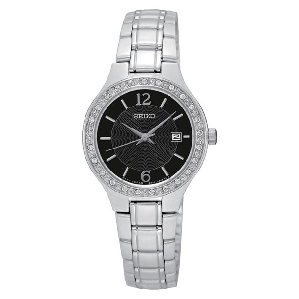 Seiko SUR785 Women's Stainless Steel Silver Bracelet Band Black Dial Watch